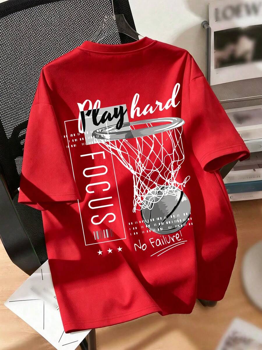Tween Boy Cartoon Basketball Print Crew Neck T-Shirts Spring And Summer Y2K Boy's Casual Tee Soft Tops - Red - View 1