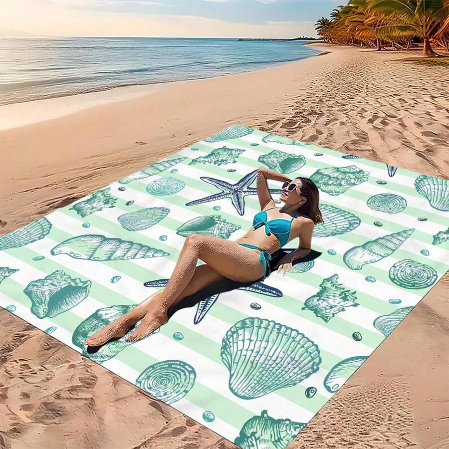 1 buah Tikar Pantai Bermotif Kerang, Tikar Pantai Ekstra Besar, Ringan dan Tahan Lama. Ideal untuk Perjalanan, Berkemah, dan Piknik. Ukuran Ekstra Besar untuk Dewasa. Sangat Cocok untuk Pantai dan Petualangan Luar Ruangan. - gaya3 - View 1