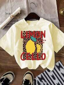 Women's Casual Summer T-Shirt With Lemon And Leopard Print, Drop Shoulders, Vintage Urban Style, Unisex, Cotton, Short Sleeve, Round Neck, Blouses For Women. Blouses.Casual Blouses For Ladies. - 杏色 - 查看 1