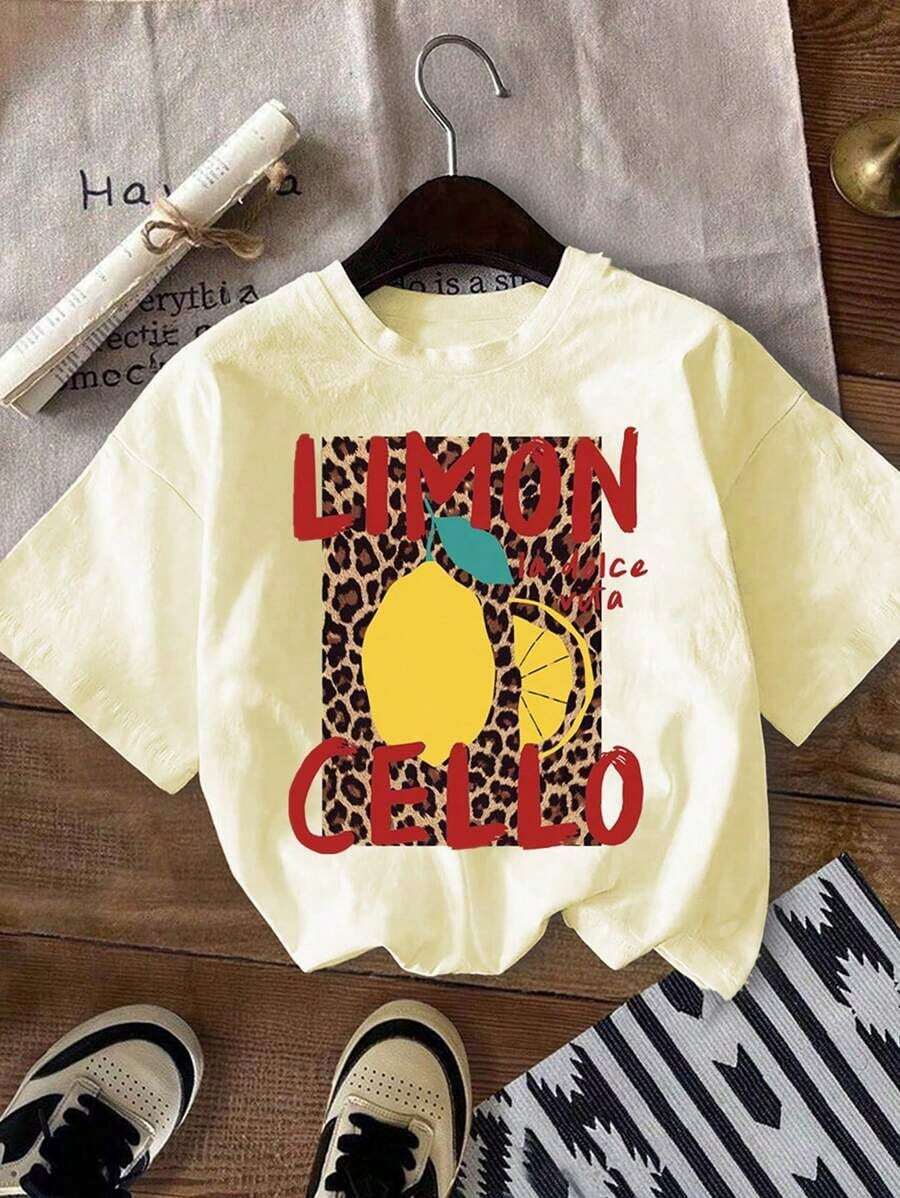 Women's Casual Summer T-Shirt With Lemon And Leopard Print, Drop Shoulders, Vintage Urban Style, Unisex, Cotton, Short Sleeve, Round Neck, Blouses For Women. Blouses.Casual Blouses For Ladies. - 杏色 - 查看 1