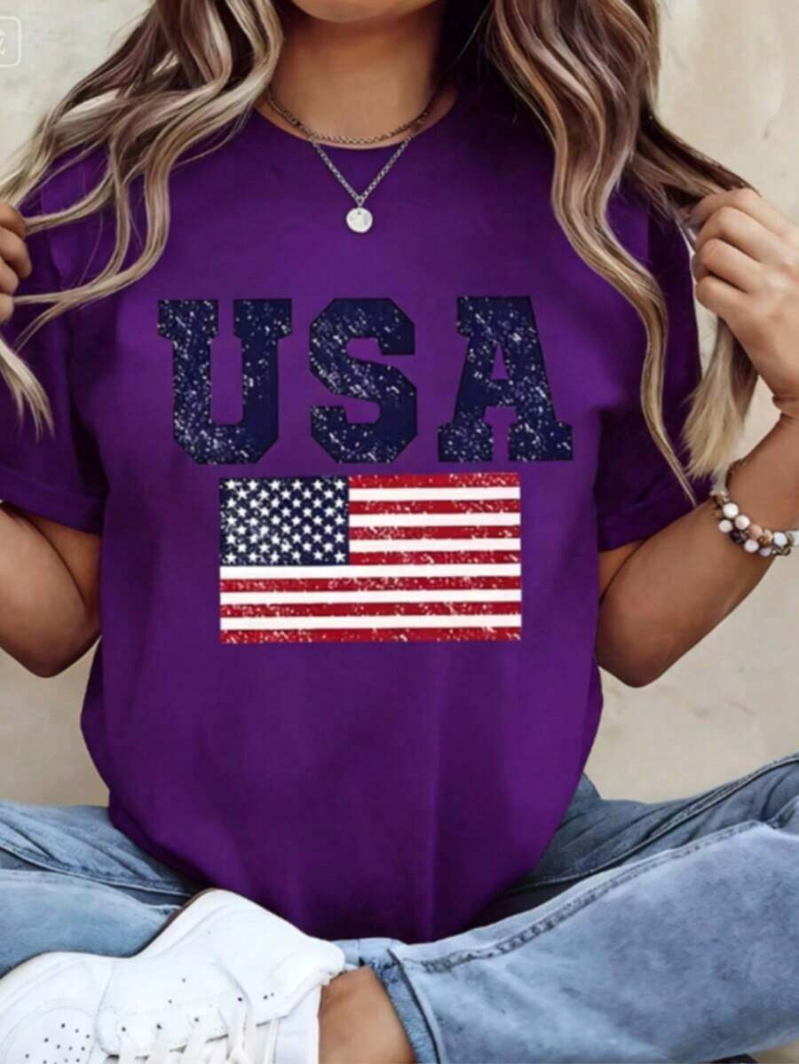Patriotic Commemorative T-Shirt For The 250th Anniversary Of The United States Independence Day, 250th Anniversary Celebration T-Shirt, Comfortable And Loose-Fitting Casual Everyday Top For Women, Suitable For Events And Parties, 100% Cotton Fabric, Machine Washable - 紫色 1 - 查看 1