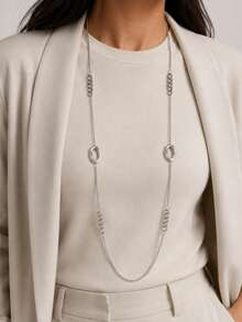 1pc Fashionable Stainless Steel Long Beaded Necklace With Water Drop, Heart Shape, Asymmetrical Faux Pearl Decor, Gold Color Sweater Chain Jewelry For Women, Winter - Gold - View 5