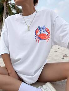 New Women's Double-Sided Print T-Shirt "If You Feel Irritable, Please Go Back To The Beach", Crab Design, Casual Summer Top, Printed T-Shirt For Women, Vacation Clothes For Women, Summer Clothes For Women, Beachwear, Perfect For Beach Trips, Vacations And Everyday Wear. - 白色 - 查看 3