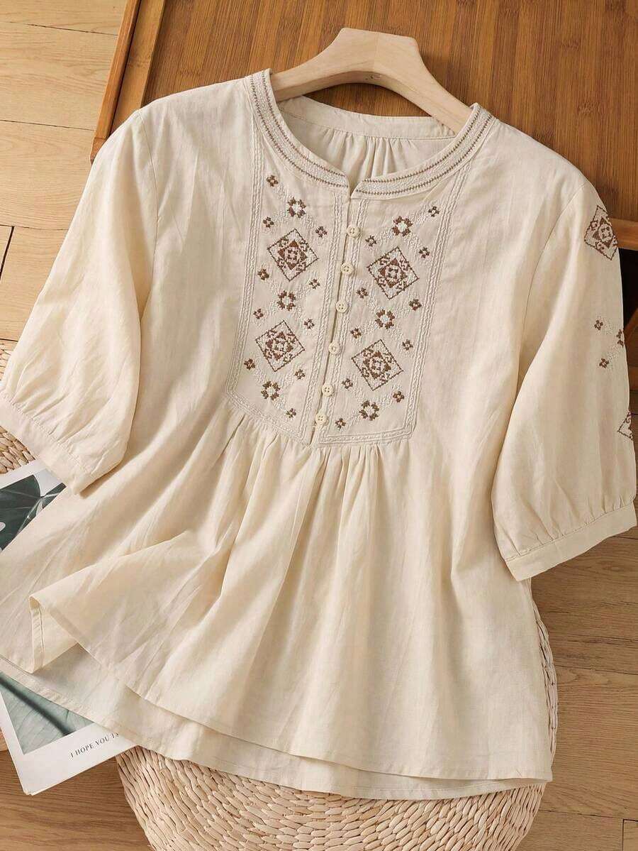 Regalo para mamá Blusa con bordado y volantes, camisa de manga 3/4 holgada y abullonada adecuada para uso diario, vacaciones y reuniones familiares en verano - Albaricoque - Ver 1