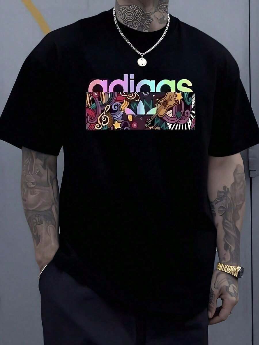 Colorful Combination Of Musical Shapes Symbolizing Joy, Freedom, And Positive Energy With Floating Notes, Guitars, And Sparkles That Evoke Rhythm And Passion. Men's Plus Size T-Shirt, 100% Cotton, 220g - 黑色 - 查看 1