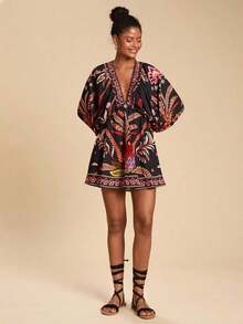 Vestido de gasa con cuello en V y manga larga con estampado floral para mujer, adecuado para vacaciones, estilo de vacaciones, estampado gráfico tejido, atuendos casuales de verano para vacaciones, atuendos de vacaciones en la playa bohemia, ropa bohemia chic, atuendos de festivales de vacaciones, atuendos de playa para mujer, atuendos de verano para mujer, atuendo de graduación, atuendos de cumpleaños para mujer, artículos esenciales de playa, atuendo de aeropuerto para mujer, vestido de té, vestido de cumpleaños, vestido de verano, verano europeo, ropa bohemia para mujer, vestido elegante para mujer - Multicolor 3 - Ver 3