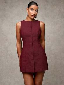 Vestido corto sencillo de mujer casual de mezcla de lana a cuadros con cuello redondo, sin mangas y con botones delanteros, adecuado para la oficina, formal y uso diario - Negro 2 - Ver 9
