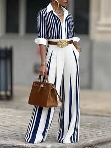 Collared Roll-Up Sleeve Striped Shirt And High-Waisted Striped Wide Leg Pants Two-Piece Set, Elegant & Office Style, Everyday & Work Wear, , Fashion - Blue and White (belt Not Included) - View 9