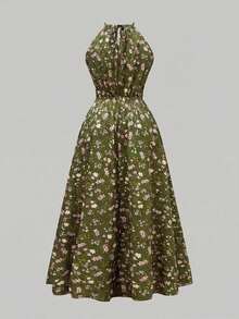 Vestido maxi de mujer talla con abertura y escote halter, romántico francés, lindo, elegante, vintage con estampado floral verde pequeño para verano y playa - Azul 3 - Ver 4