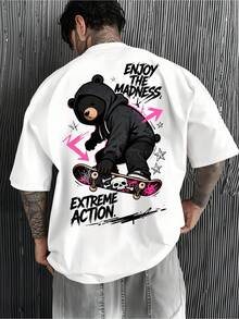 1 pieza de camiseta de hombre 100% algodón puro, estilo urbano, con estampado de oso, grafiti y letras, vibrante y juvenil, una prenda esencial para los chicos amantes del skateboarding. - Blanco - Ver 12