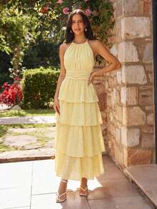 Vestido elegante sin mangas de unicolor con pliegues y capas - Amarillo - Ver 10