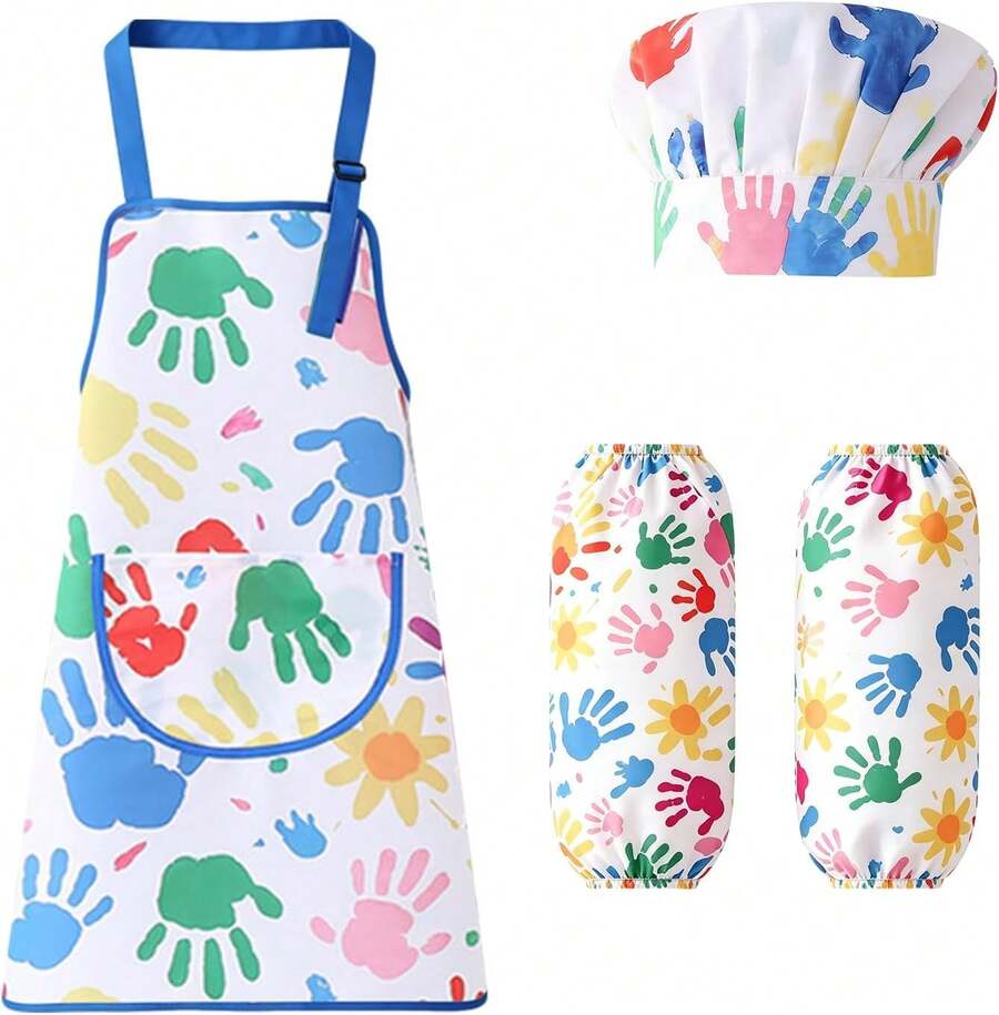 KUUQA Art Apron With Hat &Amp; Sleeves Waterproof - Childrenu2019s Painting Smock With Adjustable Straps, Stain Resistant Craft Apron For Childrens - Colorful Handprint Art Apron For Baking - ColorB - View 1