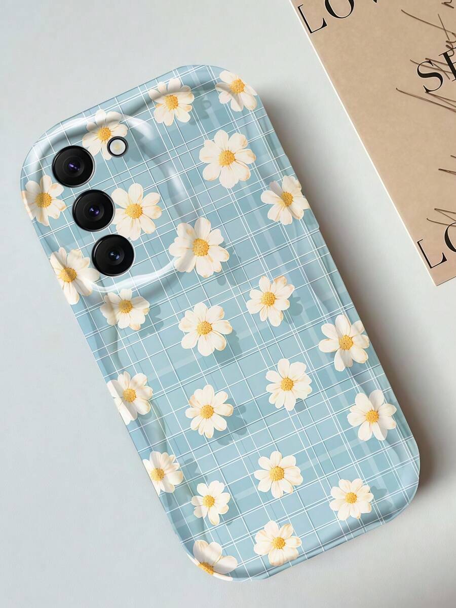 1pc Cream Dopamine Wave Ruffle Soft TPU Texture Phone Case, Cute Blue Plaid Daisy Print Compatible With Galaxy S21 S22 S23 S24 S25 S26//Honor// Etc. - White - View 1