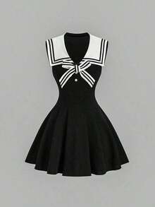 Vestido ajustado de estilo marinero vintage para mujer, elegante y versátil para la escuela, vacaciones, uso casual, azul, primavera/verano - Negro - Ver 12