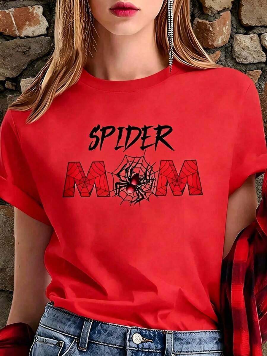 White T-Shirt With Funny Phrase "SPIDER MOM" And Red Spider, Dark Aesthetic Spiderweb Shirt, Casual Blouse Mother's Day Gift, Halloween Tops And Insect Print Pure-Cotton - 紅色 - 查看 1