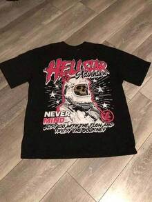 Printed T-Shirt, Large Sizes, Cotton With Graphic Print, Round Neck And Short Sleeves, 100% Cotton Graphic T-Shirt For Men, Round Neck And Short Sleeves, Casual, With "HELLSTARs Adventure" Letter Print In Flames, Skeleton Astronaut Graphic, Vintage Streetwear, Comfortable, Soft And Breathable For Summer, Daily Wear And Regular Fit, Durable Fabric, Ideal Gifts For Men, Y2K, Oversized Shirt For Men Männer Kleidung,T Shirt Damen,Streetwear,Trikot,Oberteile,Oversized T Shirt,T Shirt Herren - Black - View 1