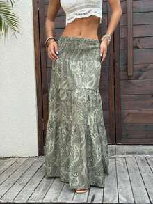 Women's Long Bohemian Print Skirt, Casual For Vacation And Everyday Wear, Spring/Summer - Hijau - View 6