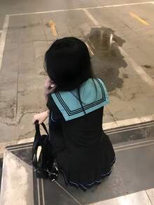 1件套JK女童校服短袖衬衫和百褶裙套装，带领结和荷叶边，基础水手服款式，适合年轻女孩，可用于拍照、派对、角色扮演、表演等场合，黑色春季款 - 黑色 - 查看 9