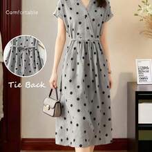 . . Vestido casual elegante y vintage con estampado de lunares, con bolsillos y lazo en la espalda. Silueta minimalista pero refinada de corte evasé con cintura anudada. Vestido versátil de estilo vintage chic para la oficina u ocasiones especiales. Ligero y bohemio con estilo de lunares para primavera/verano y vacaciones. - Rojo - Ver 8