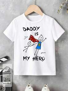 Camiseta básica cómoda para niños pequeños, con un estampado gráfico de un lindo personaje de dibujos animados, eslogan y letras.Estilo casual, creativo y minimalista.Adecuado para primavera, verano y otoño. - Blanco - Ver 4