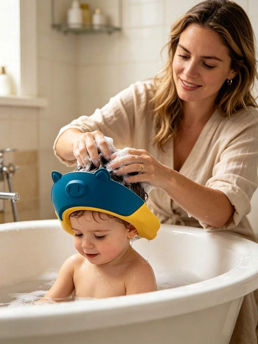 1pc Adjustable Cartoon Waterproof Bath Cap, Baby Shampoo Bath Hat, Portable Shower Cap, Silicone Material, Sun Hat, Cute Piggy Design - High Quality Ear Protection, Multiple Colors Available (Pink, Blue) - Bathroom Essential Bath Cap, Bathroom Accessory, Fun Design, Comfortable Fit