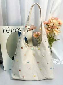 Korean Style Niche Design Fashionable Minimalist Embroidered Floral Fresh Casual Large Capacity Shoulder Underarm Tote Bag For Daily Use & Shopping - Apricot - View 2