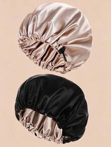 CONFLASS 2pcs Reversible Satin Sleeping Cap For Women, Adjustable Drawstring Night Cap, Silky Satin Nightcap For Daily & Nighttime Use, 2 Color Combo - Multicolor - View 3