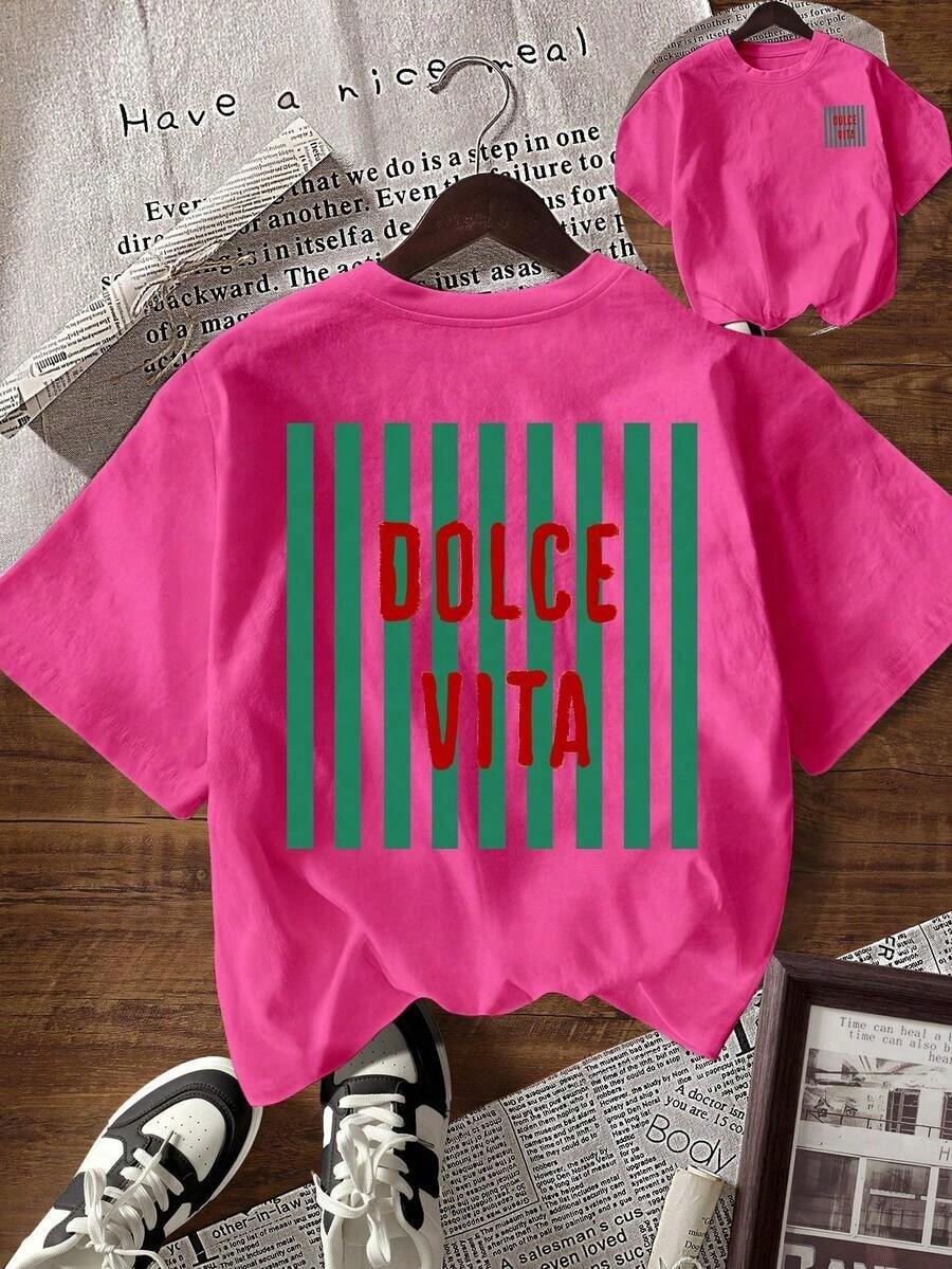 Camiseta de mujer de manga corta con cuello redondo y estampado casual, para verano - Rosa Roja - Ver 1
