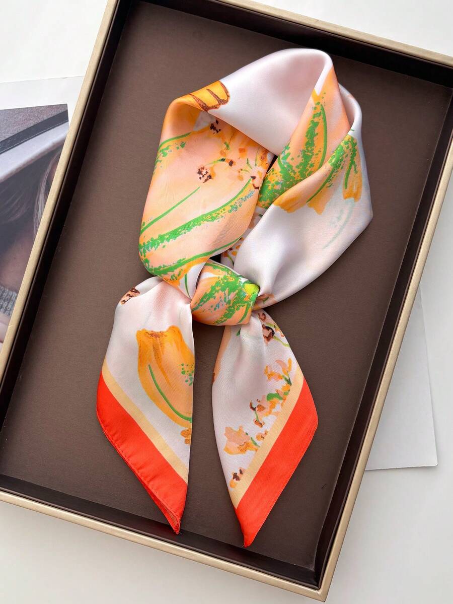 1pc Elegant Versatile Purple Iris Pattern Faux Silk Scarf, Headscarf - Multicolor - View 1