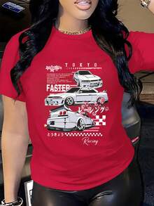 Tokyo Racing Cars Street Speed Digital Print Short Sleeve Unisex Pure Cotton Loose And Comfortable - Red - View 1