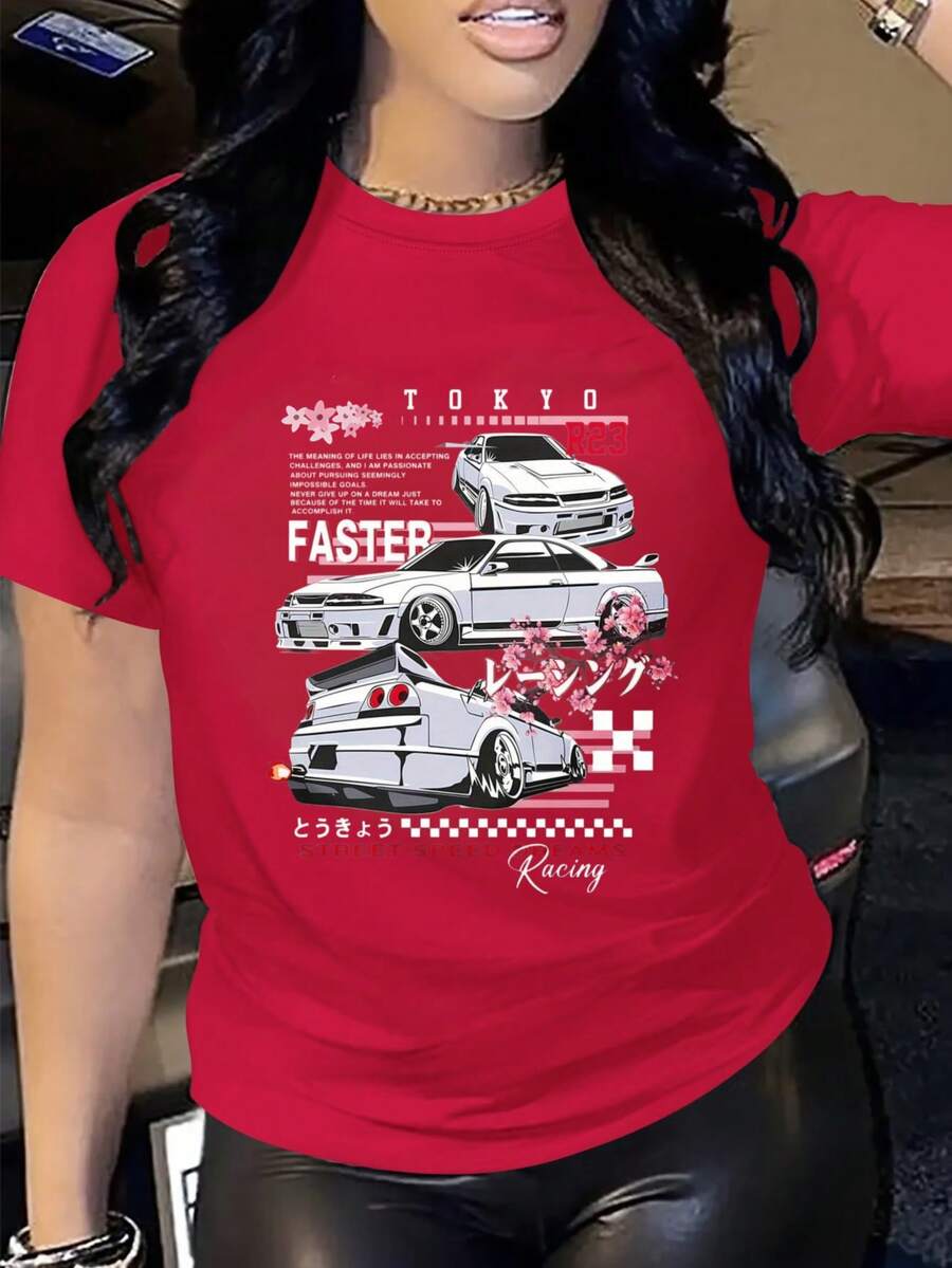 Tokyo Racing Cars Street Speed Digital Print Short Sleeve Unisex Pure Cotton Loose And Comfortable - Red - View 1