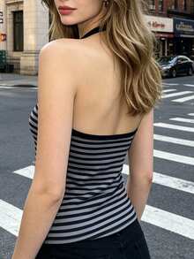 Women Striped Print Tank Tops Halter Neck Sleeveless Open Back Summer Slim Fit Vest - Black - View 3