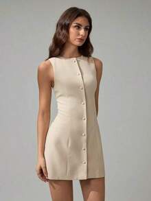 Women's Tall Sleeveless Button Front Mini Dress - Apricot - View 5