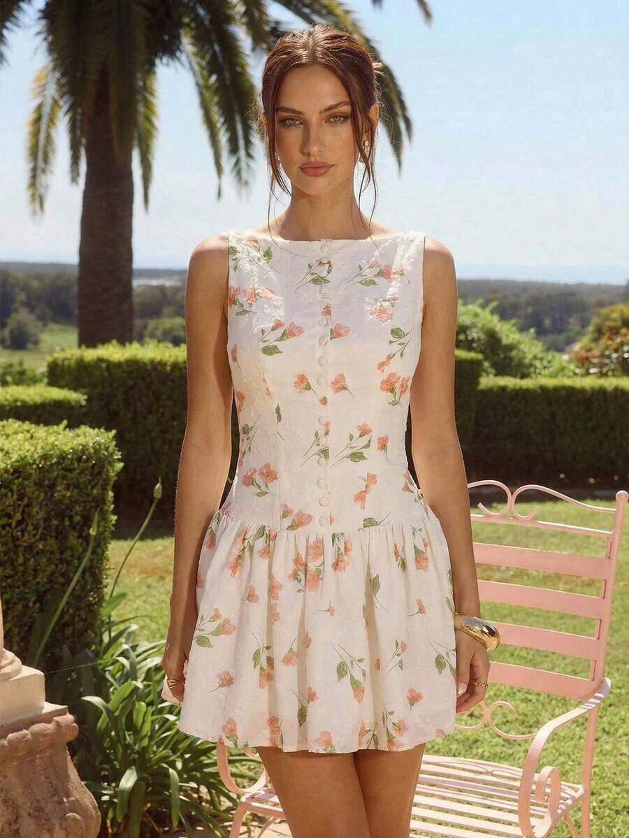 Vestido mini delicado y romántico de verano para mujeres con bordado calado de flores blancas, elegante y fashionable, adecuado para cumpleaños, fiestas, citas, uso diario, vacaciones, graduación y temporada de bodas, ropa de verano para mujeres - Albaricoque 2 - Ver 1