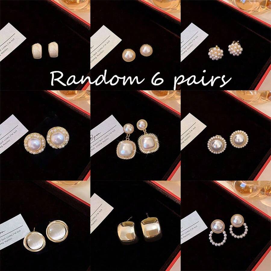 VKME 6 Pares de Brincos Conjunto de Cruz Metálica e Pérola, Brincos Minimalistas Incrustados de Diamante para Mulheres (Entrega Aleatória) - XH92826023 - Visão 1