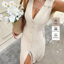 LUNE Vestido elegante de lino para mujer con cuello de camisa, decoración con botones, beis y hasta la pantorrilla, adecuado para primavera/verano, uso casual, de oficina y de viaje, estilo bohemio, casual de negocios y estilo "Old Money" para mujer - Rojo - Ver 2
