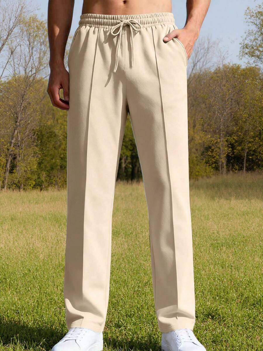 Men's Solid Color Drawstring Waist Pockets Straight Loose Casual Sweatpants - Khaki - View 1