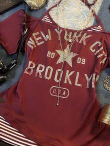 Camiseta de mujer  estilo retro de los años 2000, a rayas y con bloques de color, 2 en 1 con lazo frontal, estampada con "NEW YORK", estilo casual retro, adecuada para uso diario, festivales de música, fiestas, reuniones y ocasiones de regreso a clases. - Multicolor - Ver 3