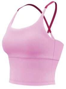 Women's Athletic T-Shirt With Fixed Padding, Color Contrast, Elastic, Summer Yoga Top - Diamond Pink - View 6