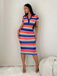 Vestido polo de manga corta a rayas blanco y negro de estilo minimalista y casual para ir al trabajo, vestido de punto de media longitud con ajuste ceñido y gran elasticidad, vestido elegante francés - Multicolor 2 - Ver 3