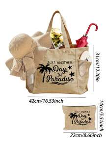 Set 1/2/3 buc. geantă tote Paradise Beach pentru femei, din in și pânză, cu capacitate mare, geantă de umăr cu buzunar de plasă, husă de machiaj și cutie cosmetică asortată, ușoară și reutilizabilă, cu imprimeu tropical de coastă, esențială pentru vacanță de vară, călătorii, croazieră, piscină, cumpărături și uz zilnic, cadou stilat pentru mame, fete, domnișoare de onoare și călători, pentru Ziua Mamei, aniversări, lună de miere și vacanțe de vară - Multicolor - View 10