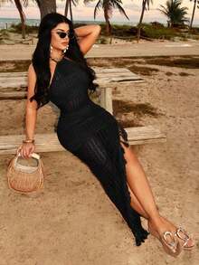 xheSHEIN  Vestido con patrón ondulado de ganchillo colorido y estilo bohemio sexy, con abertura alta, escote halter y espalda descubierta con flecos. Adecuado para salidas casuales, citas, cumpleaños, fiestas, discotecas, resorts isleños y vacacionesxhe - Negro - Ver 7