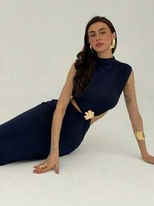 xheAloruh Vestido de mujer con diseño floral calado y diseño de cintura sexyxhe - Azul - Ver 3