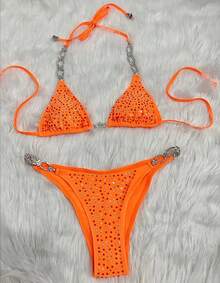 Bikini 2026 Nuevo Modelo Sexy con Rhinestone Dividido Traje de Baño de Mujer unicolor con Tirantes - Negro - Ver 9