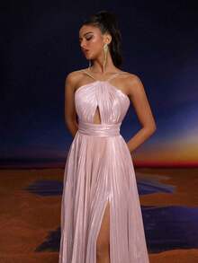 Women's Luxury Hollow-Out Side Slit Ruched Halter Maxi Evening Dress Party Wedding Pink - Vàng - Xem 4