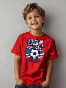 Kids' T-Shirt With 2026 American Football Design, Stars And Stripes, Casual Sportswear, Suitable For Children Ages 5-13 - 紅色 - 查看 7