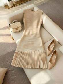 1 Paquete Vestido de mujer elegante, casual, romántico, suelto, para, concierto, reunión, cita, al aire libre, cumpleaños, carnaval, playa,, vestido blanco, vestido albaricoque, vestido de retazos, tela texturizada, plisado, línea A, decoración de botones, elegante, tejido texturizado, ajustado, tela de punto texturizada, suave, cómodo, fácil de lavar - Albaricoque - Ver 3