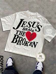 Esclusiva T-shirt Grafica da Uomo per il Giorno dell'Indipendenza e la Dichiarazione di Indipendenza, con la scritta "JESUS HEALS THE BROKEN", stile Y2K, design unisex. È una T-shirt casual in puro cotone per la primavera e l'estate, con scollo rotondo e maniche corte, caratterizzata da un design appositamente creato per la Giornata del Papa. - Bianco - Visualizzare 6