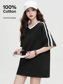 Áo thun JUTU mùa xuân hè thoải mái, thời trang, dáng rộng, tay raglan, kẻ sọc, thoáng khí. - 634 Đen và Trắng - Xem 5