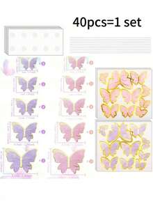 Adorno para pastel de mariposa con degradado rosa y púrpura con borde dorado, textura de acuarela exquisita y duradera, adecuado para pasteles de cumpleaños, decoración de mesa de postres para fiestas, atmósfera fuerte, accesorio común de decoración para hornear - Multicolor - Ver 7